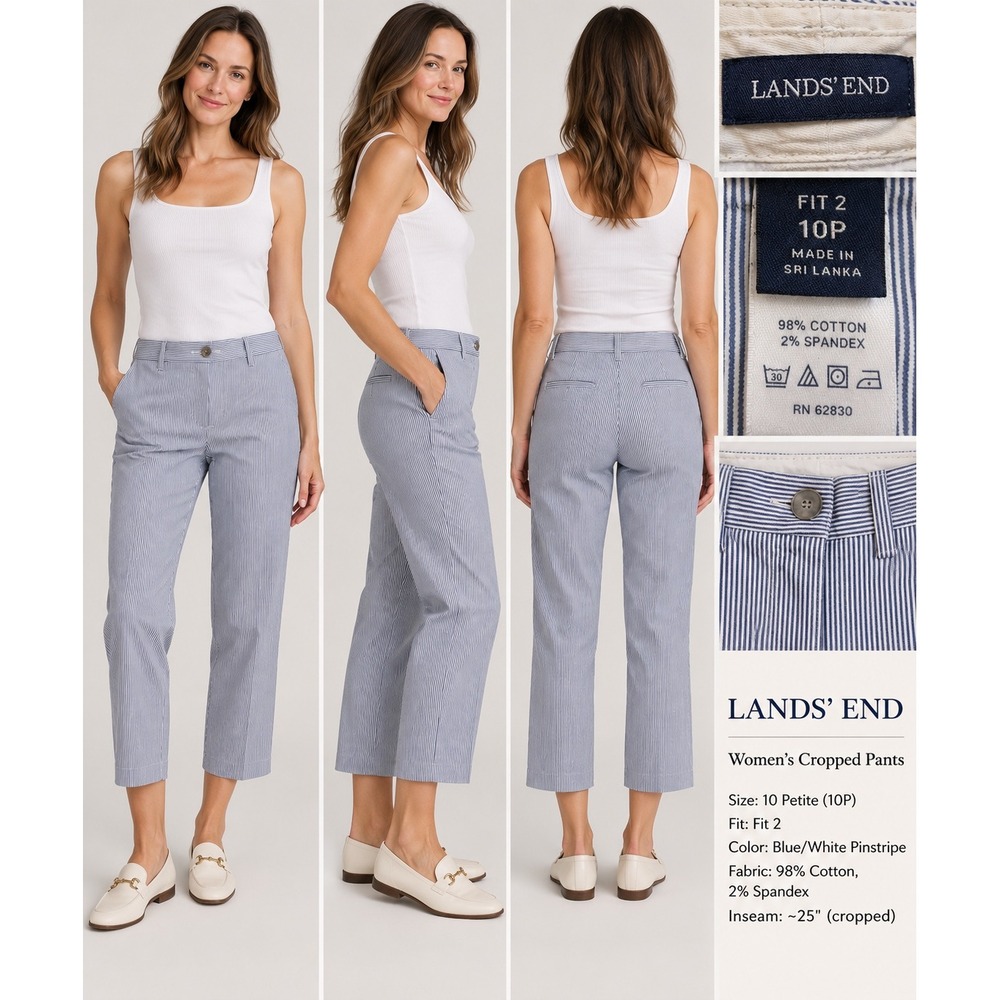 Lands End Fit 2 Seersucker Striped Crop Pants Blue White 10P 440859